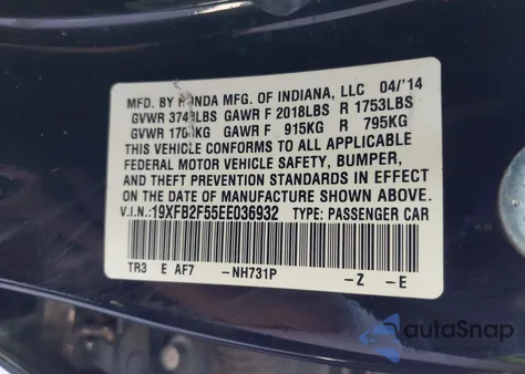 2014 Honda Civic Lx from USA, damaged, VIN 19XFB2F55EE036932